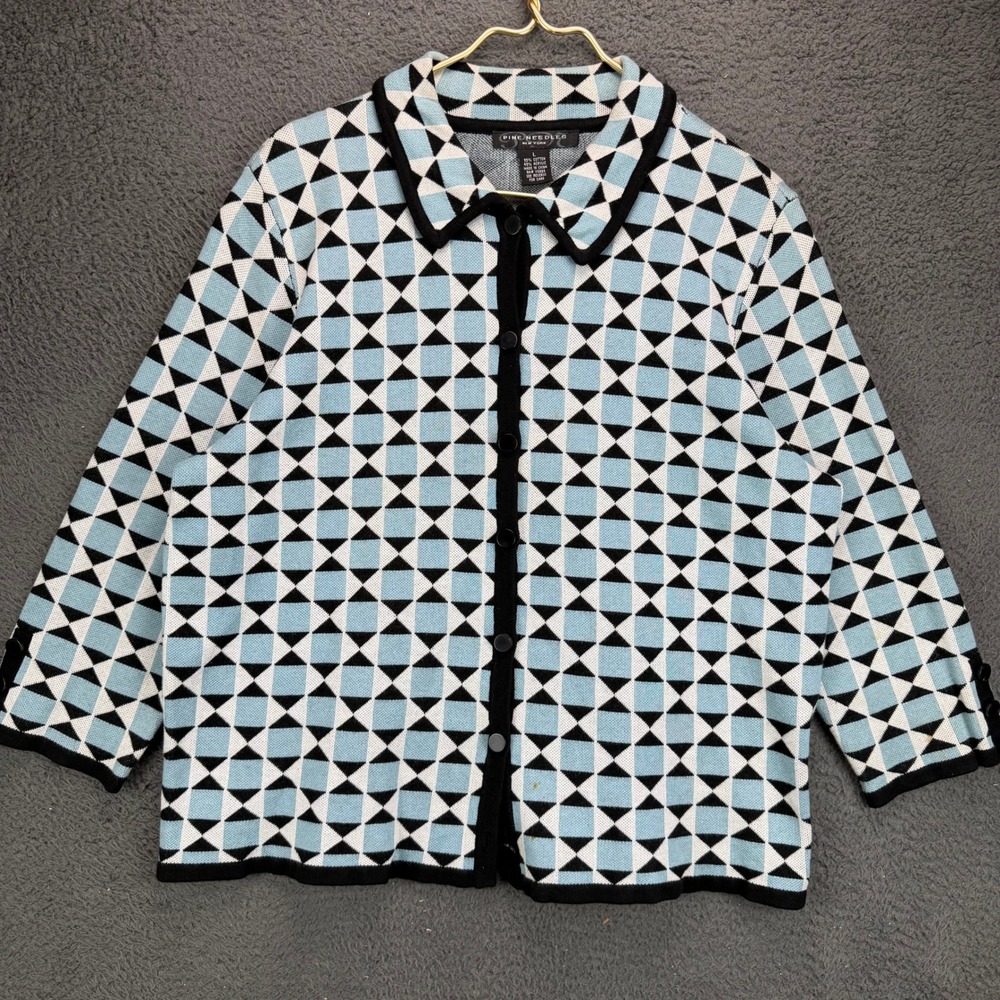 Pine Needles New York Women Blue Geometric Button Front Cardigan Sweater Large